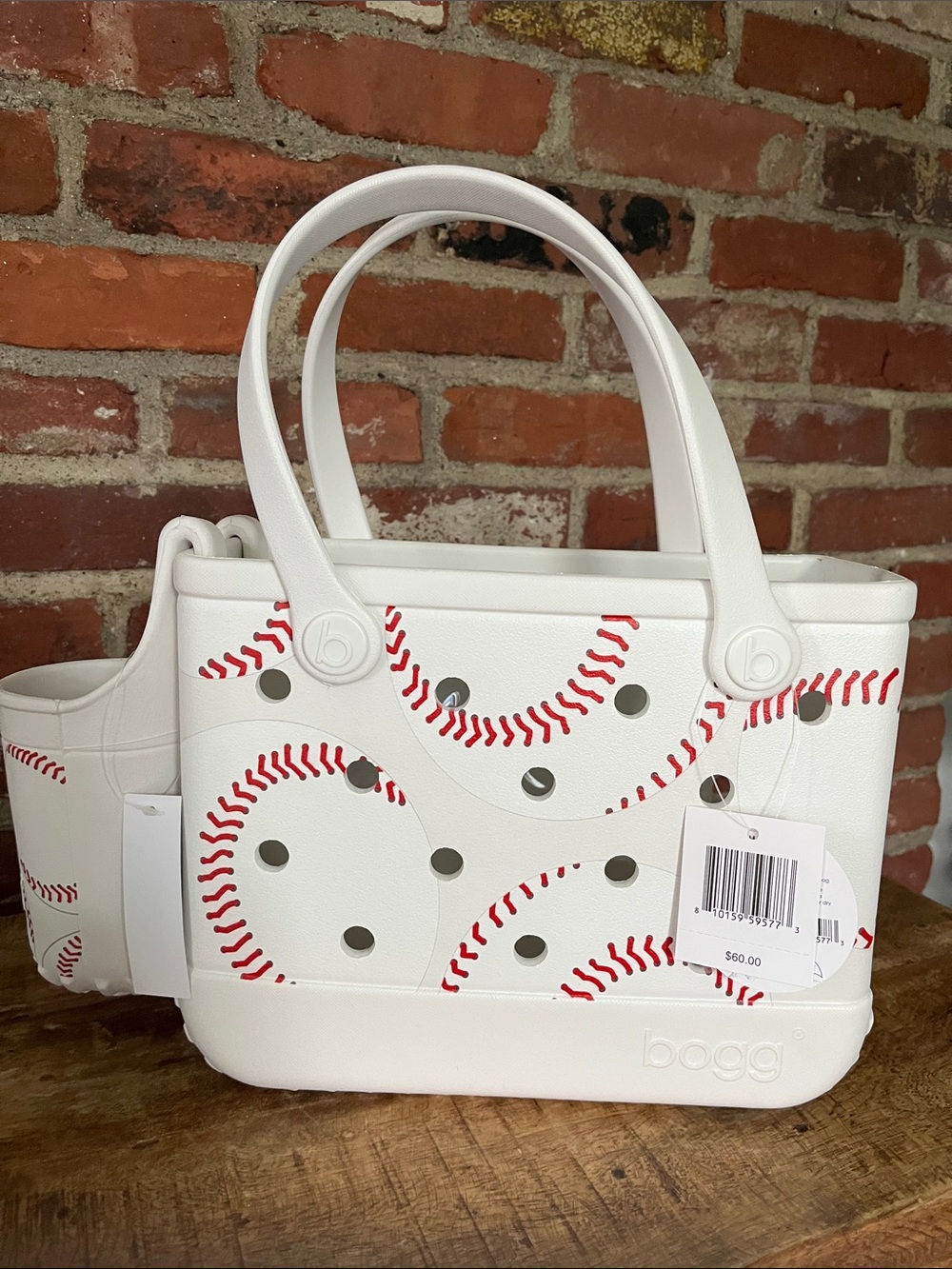 BOGG BAG White Tote with Red Baseball Stitch Print
